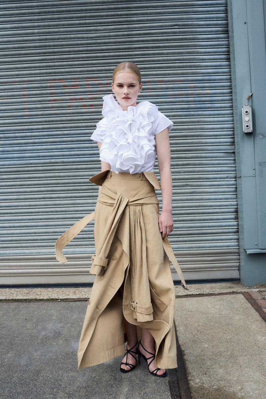 SLEEVE TIE LINEN-SILK BLEND MIDI SKIRT