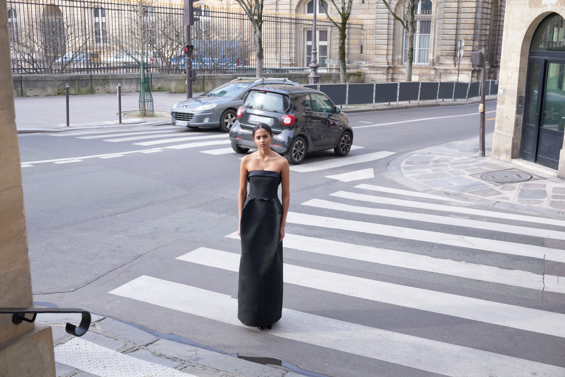 Model in paris wearing a tulle gown