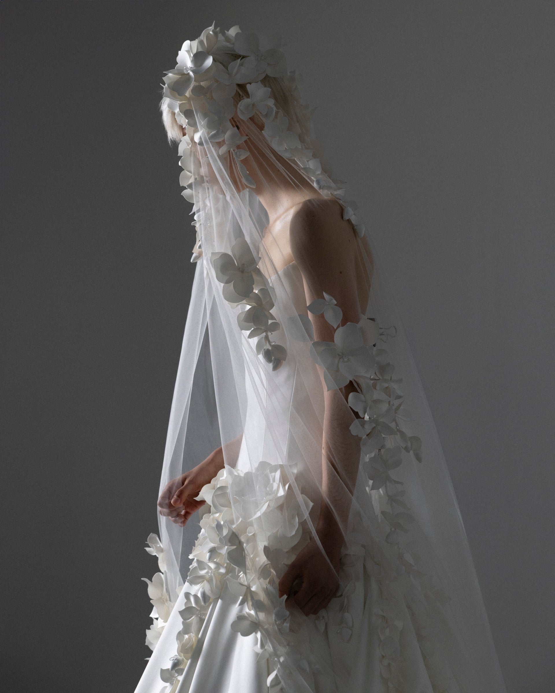 White wedding dress with floral details and a matching veil against a dark background