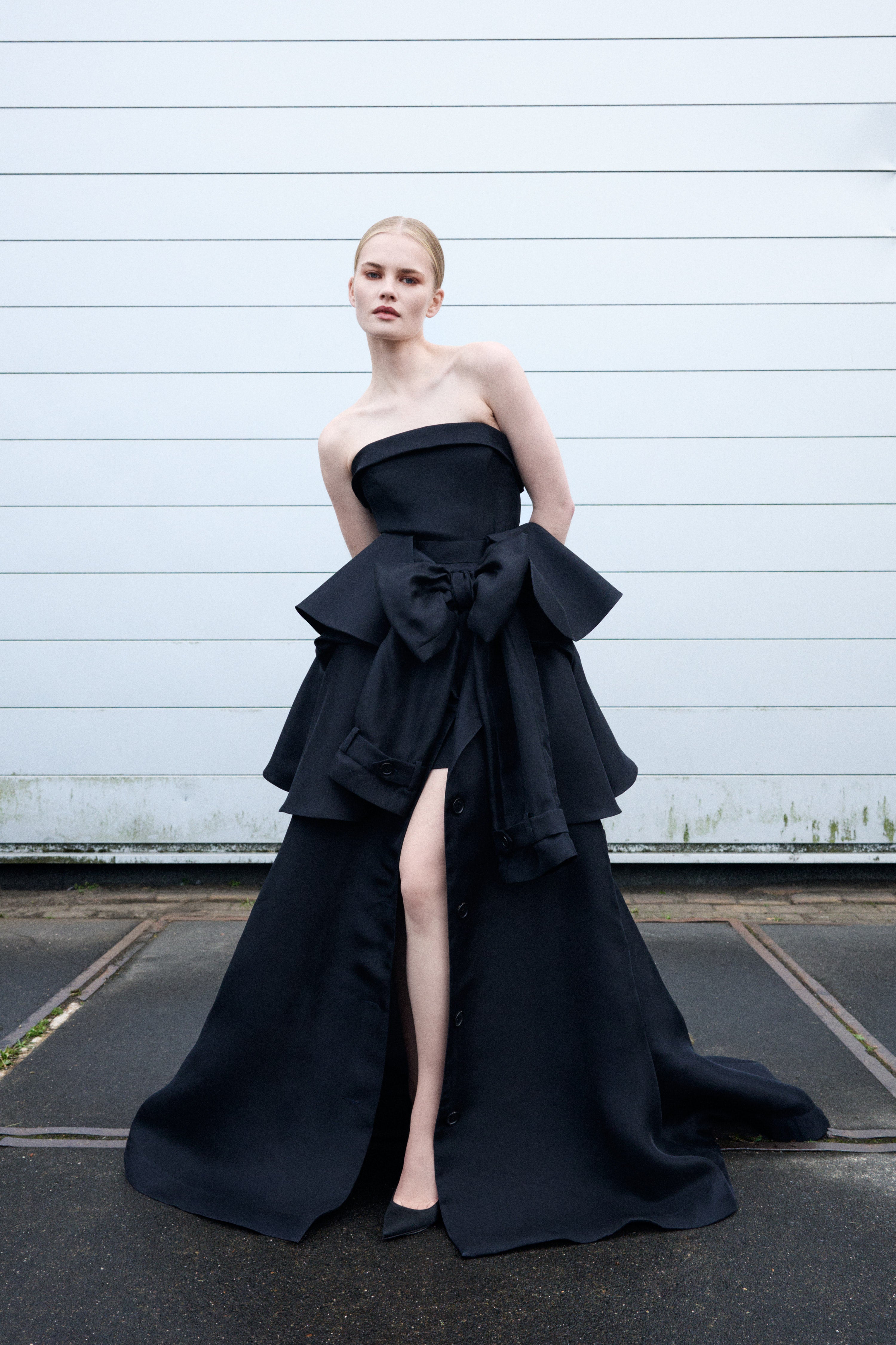 BOW DRAPE GAZAR BALL GOWN