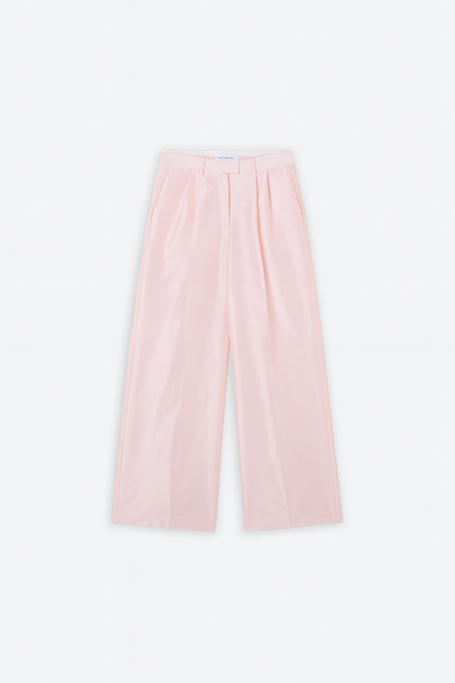 Pink satin pants on a white background.