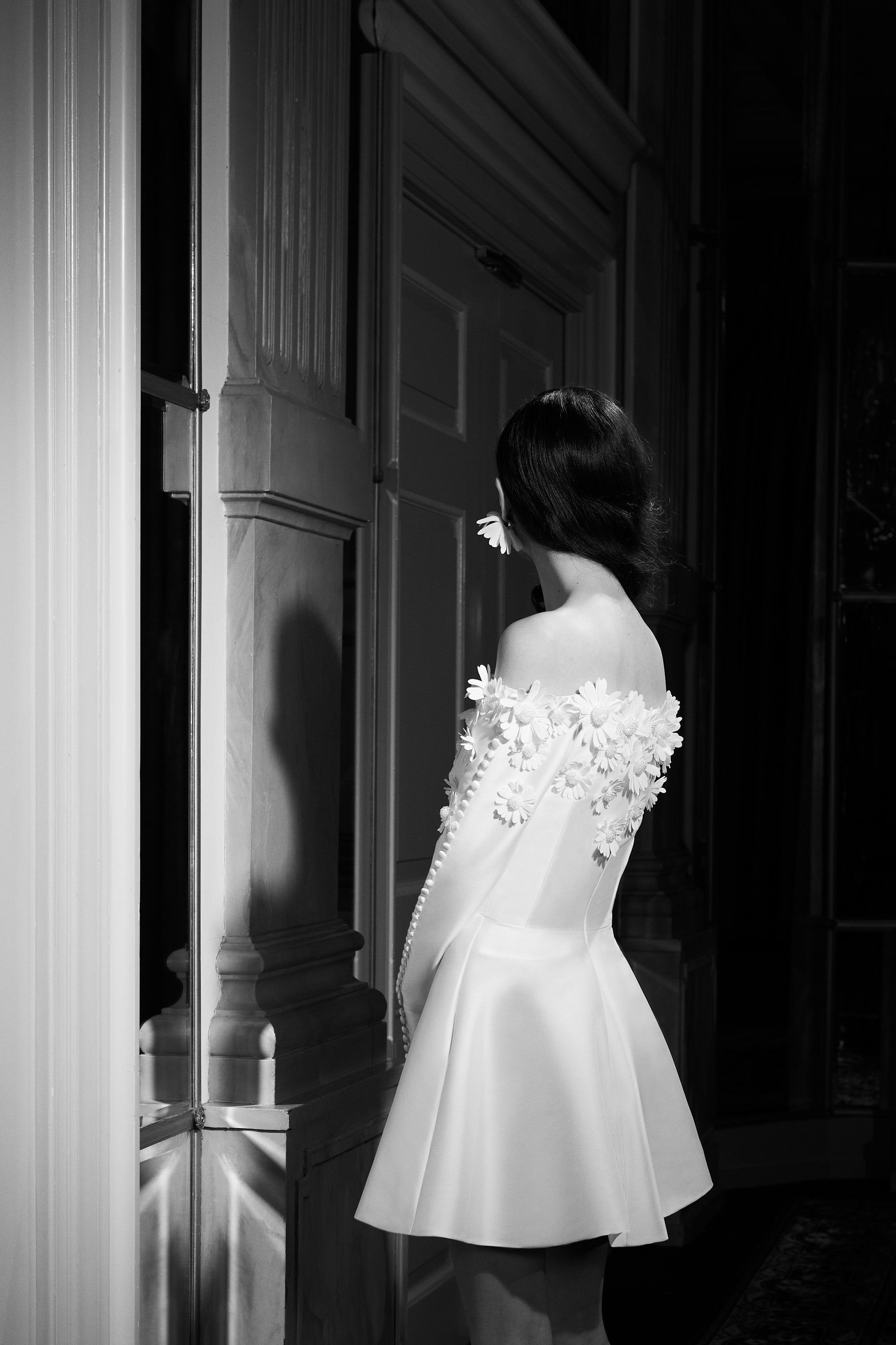 Viktor & Rolf Mariage Bridalwear Collection Mini Daisy Dress, elegant with floral embellishments and off-the-shoulder style.