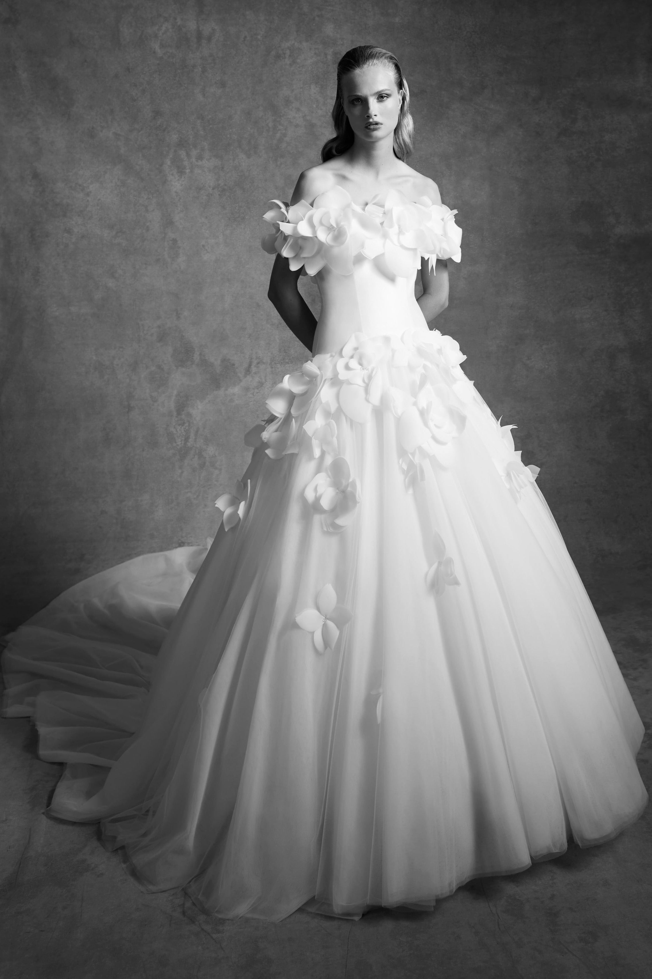 Chic off-shoulder ball gown adorned with detachable feathered airy organza flowers around the bodice