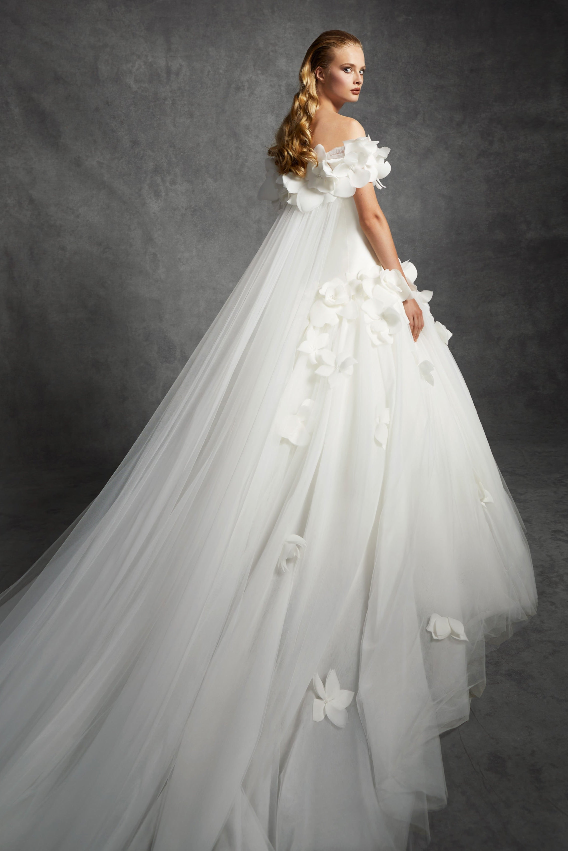 Chic off-shoulder ball gown adorned with detachable feathered airy organza flowers around the bodice