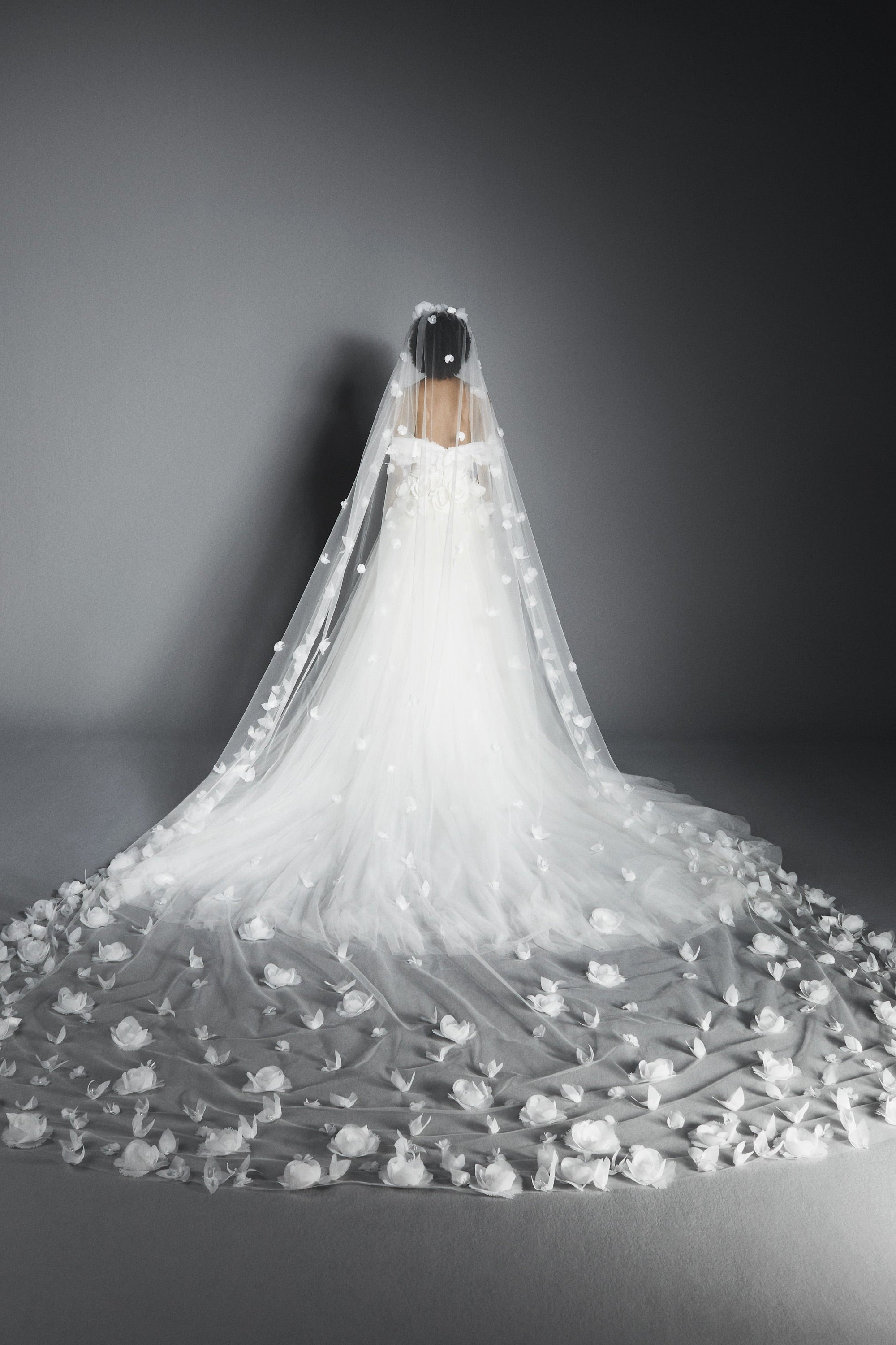 Featuring a tulle skirt paired with an airy organza bodice, this ballgown is complemented by an elegant sweetheart neckline and off-shoulder sleeves