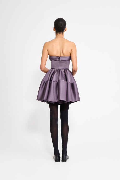 Model wearing a purple mini dress on a white background.