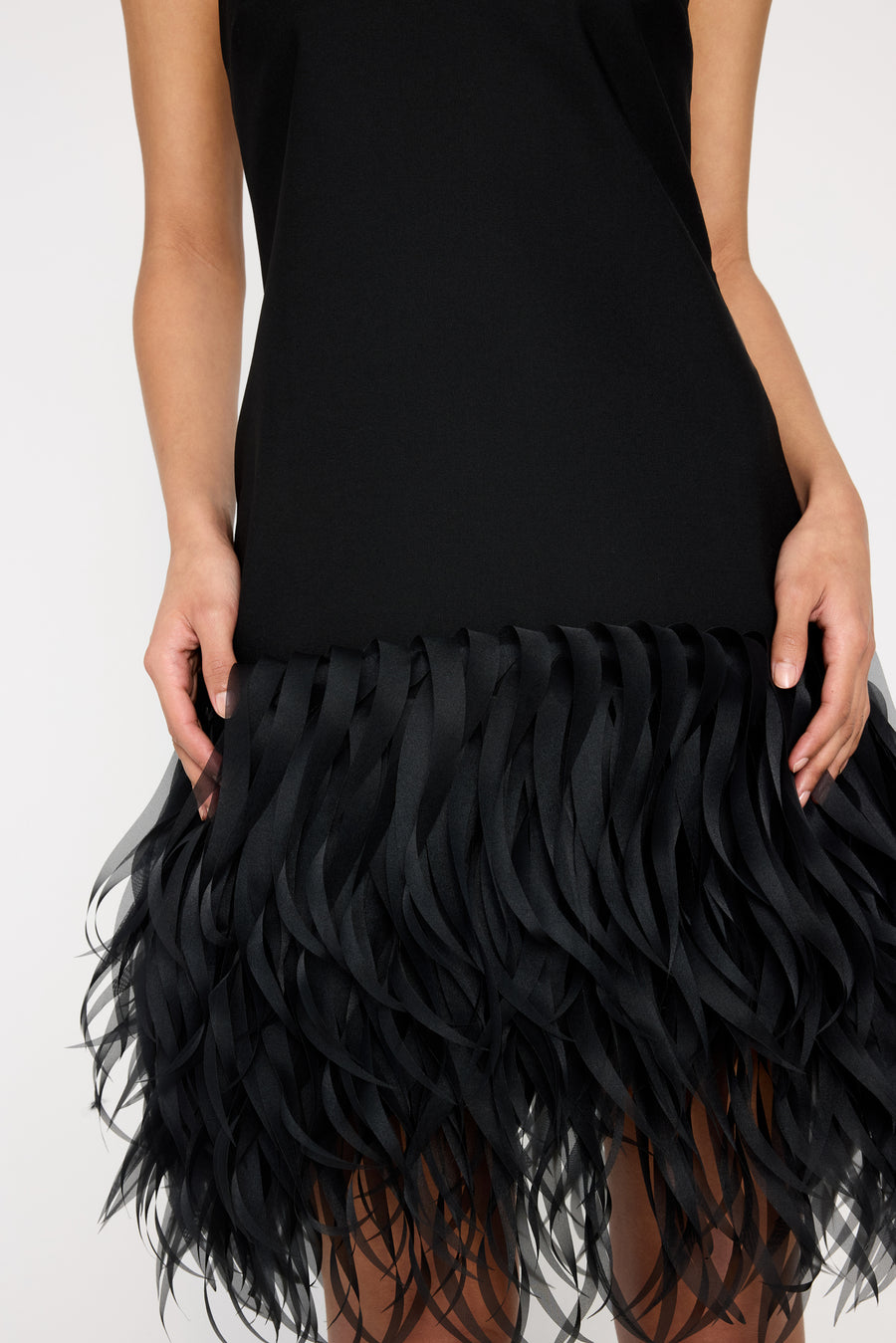 FEATHER HEM MINI DRESS