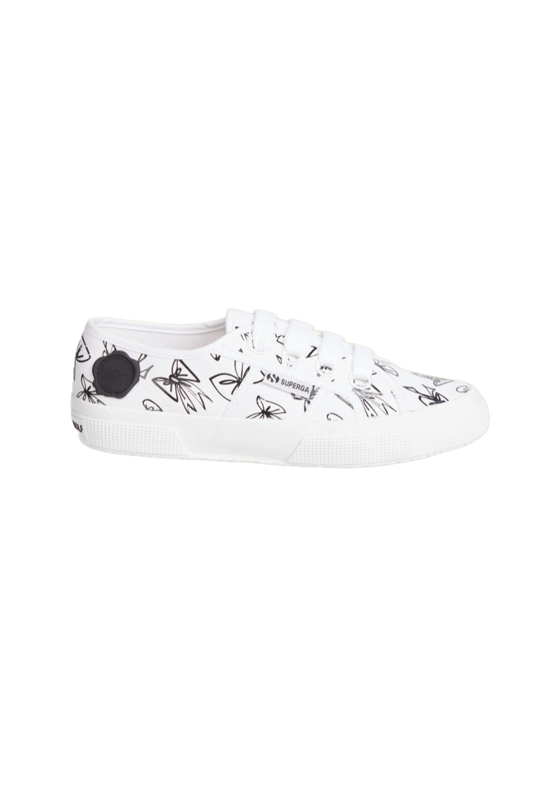 White canvas sneaker with unique black butterfly sketches, featuring a durable rubber sole and classic lace-up design.