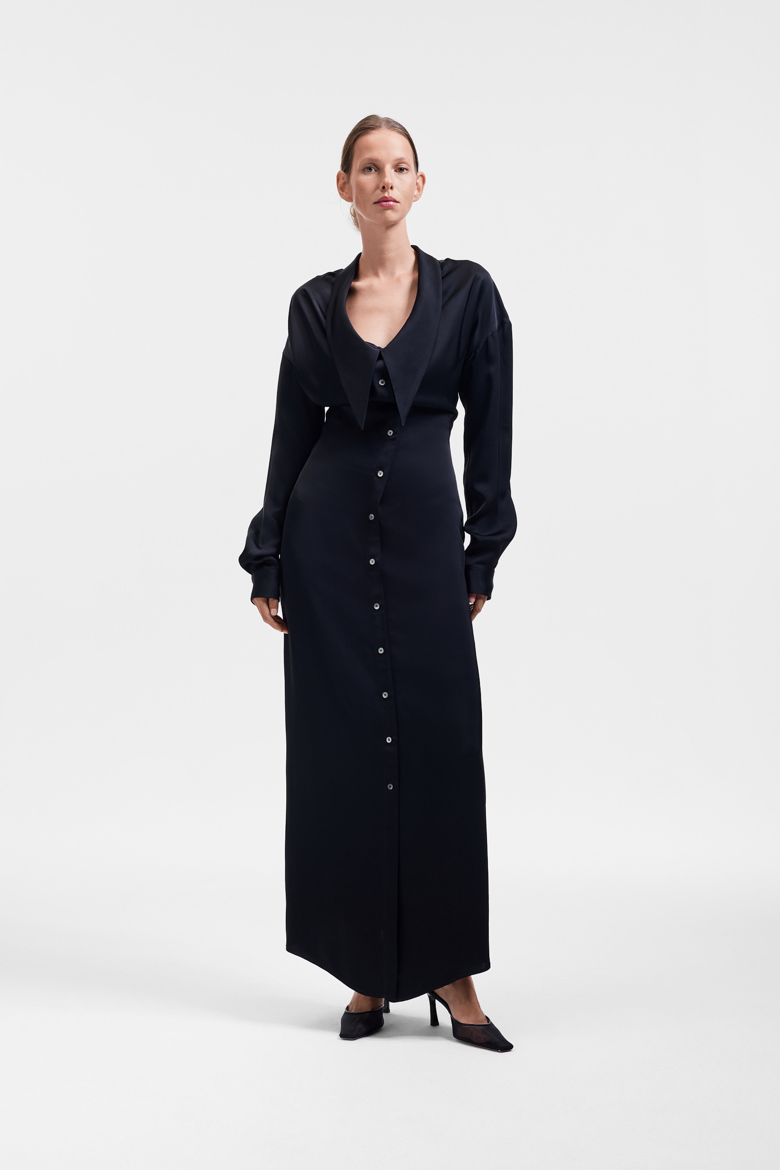 DRAGGED NECKLINE SATIN SHIRT DRESS