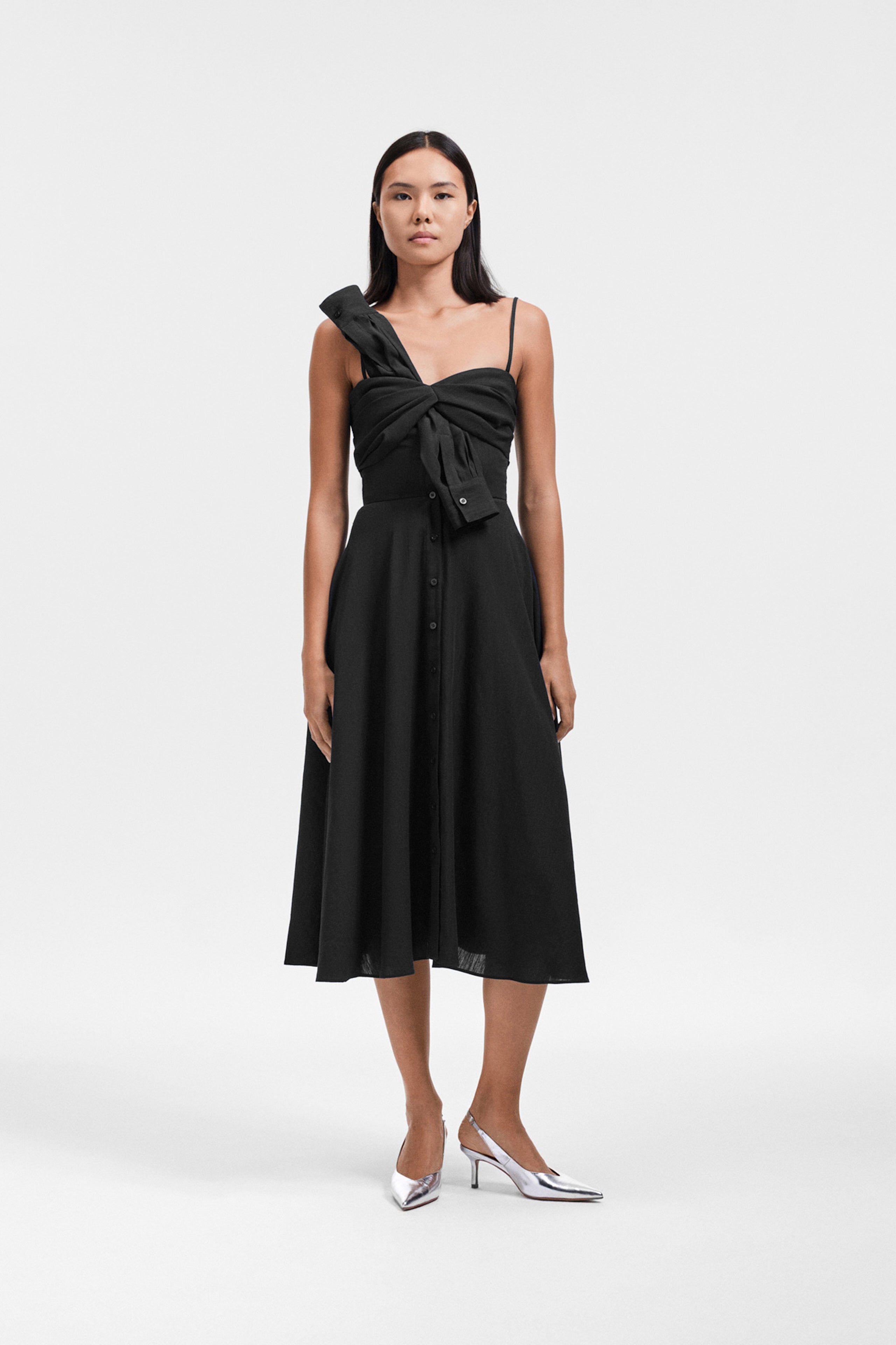 SLEEVE TIE FLARE POPLIN DRESS