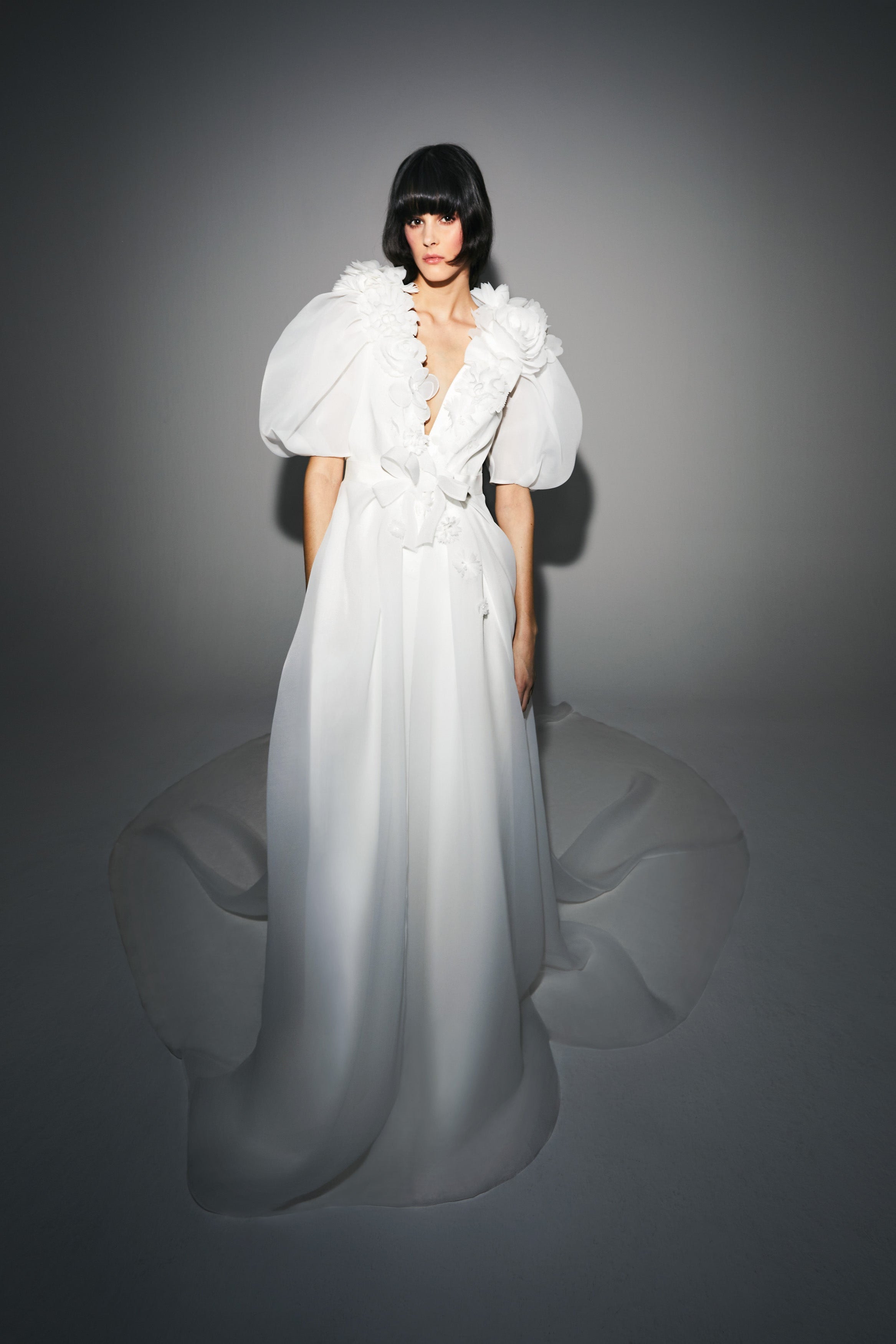 Sheer organza overcoat, featuring delicate puffed sleeves and a plunging v neckline edged with sheer organza flower details