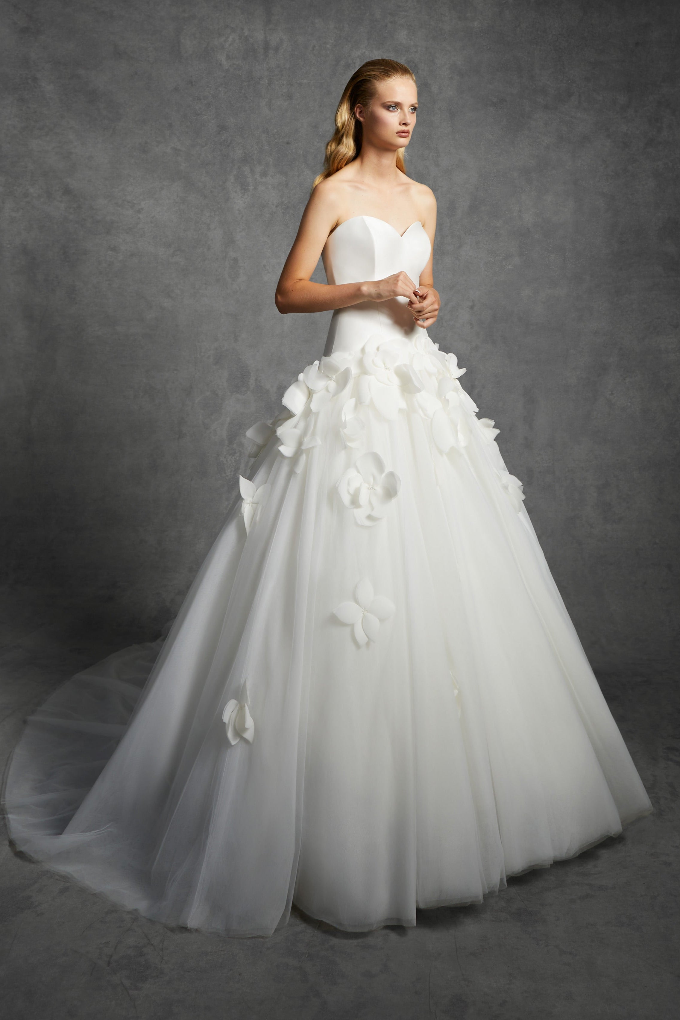 Chic off-shoulder ball gown adorned with detachable feathered airy organza flowers around the bodice