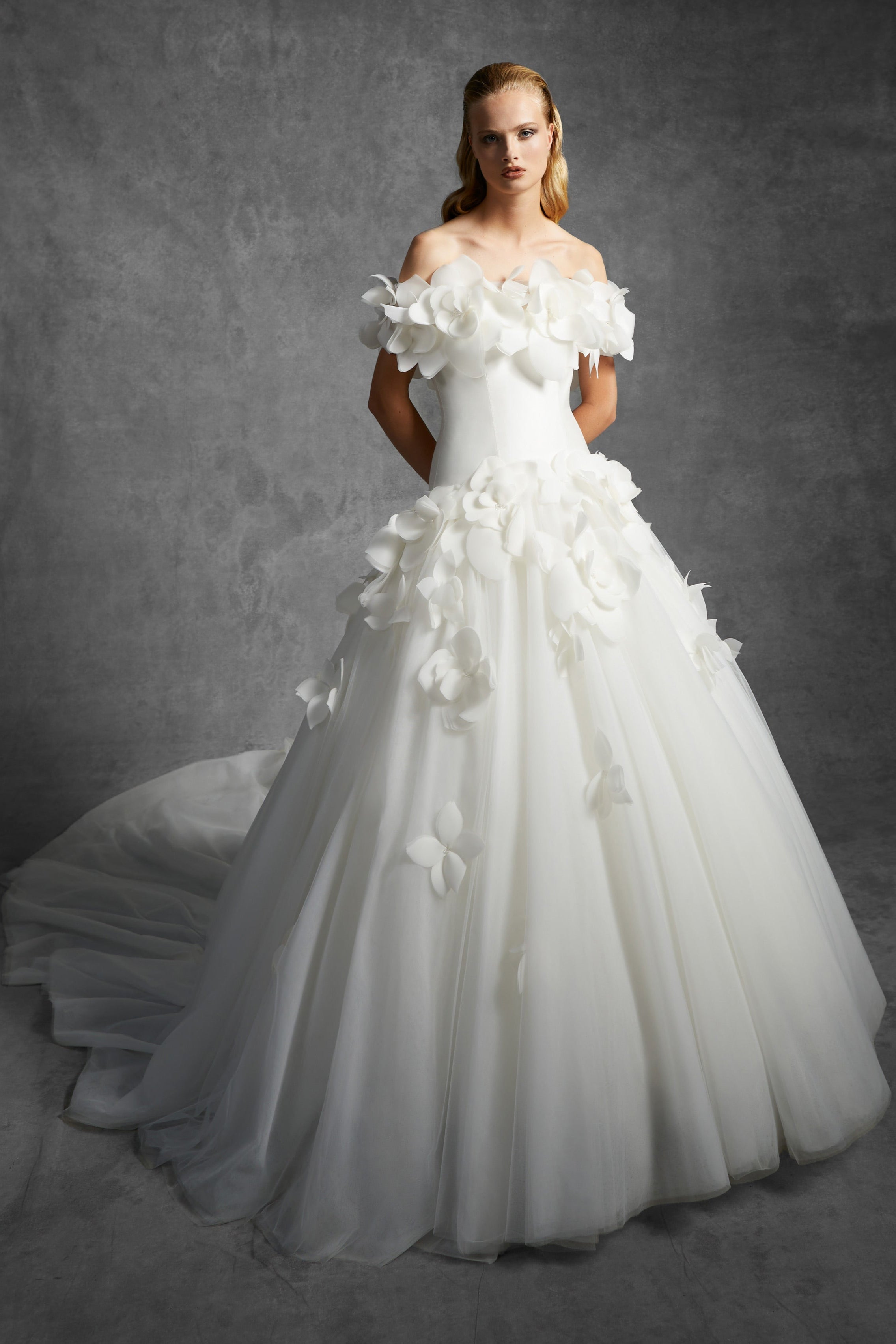 Chic off-shoulder ball gown adorned with detachable feathered airy organza flowers around the bodice