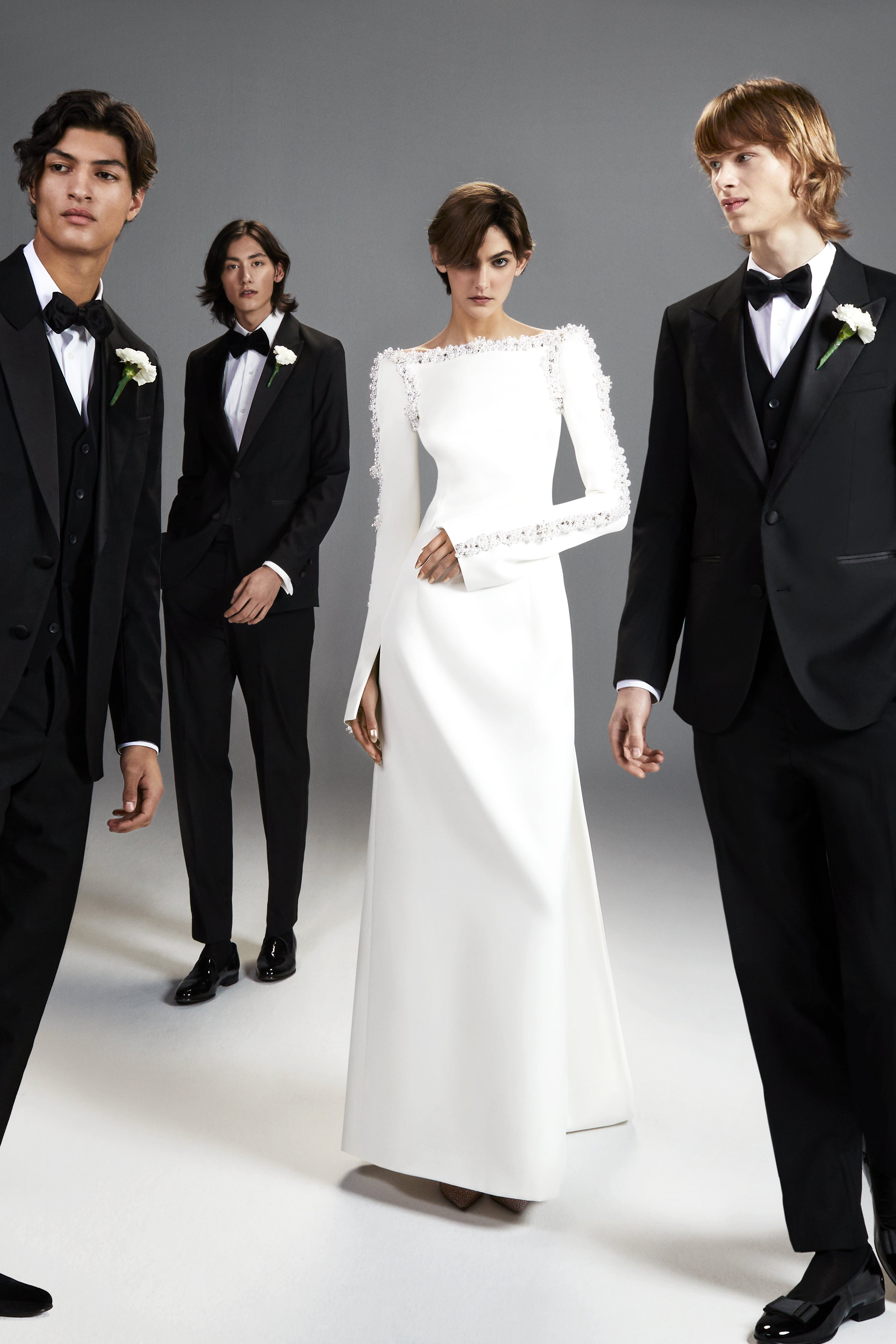 Viktor & Rolf Mariage Bridalwear Collection, Tales of Pearls column gown, elegant long sleeves with delicate embellishments.