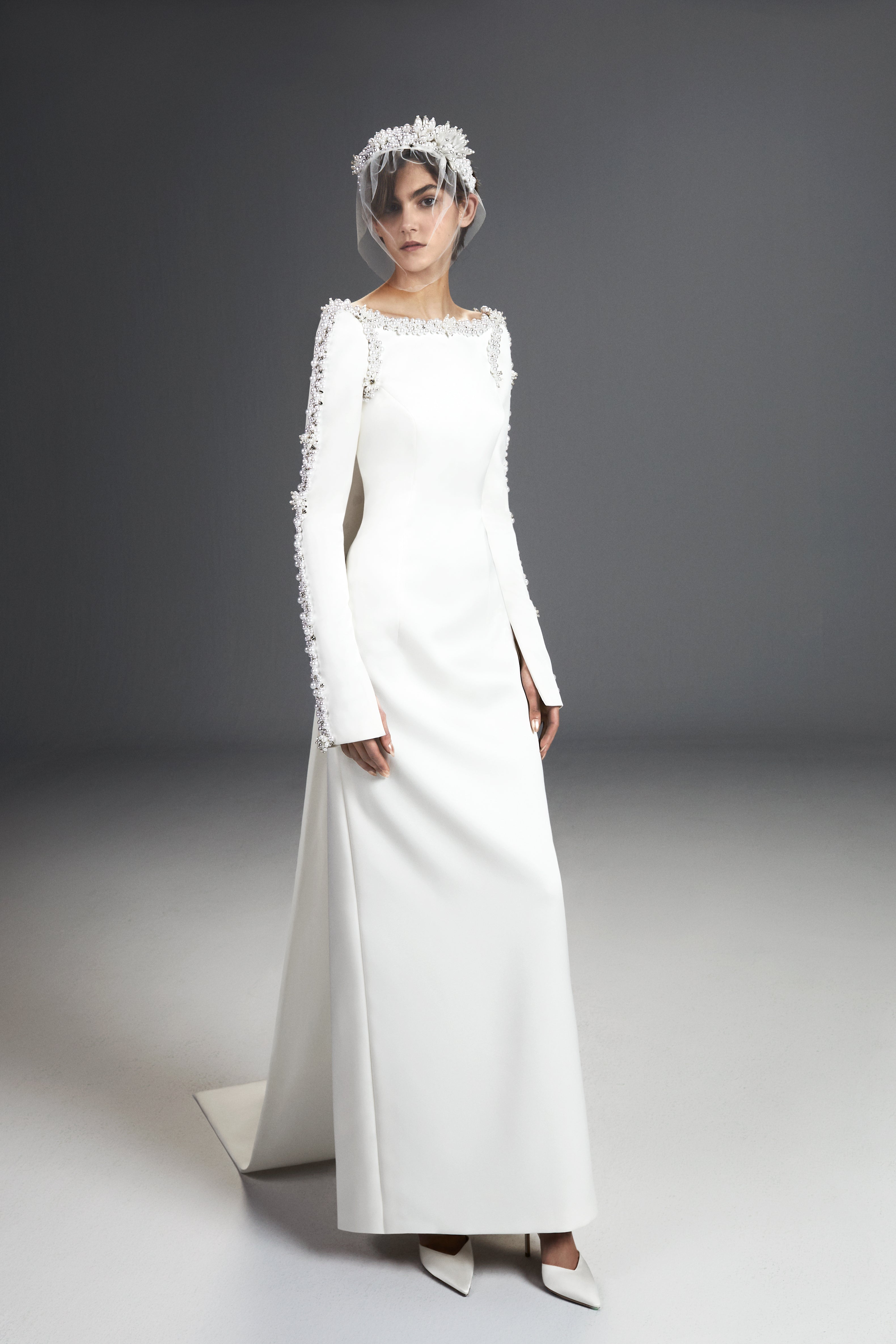 Viktor & Rolf Mariage Bridalwear Collection, Tales of Pearls column gown, sophisticated elegance with intricate detail.