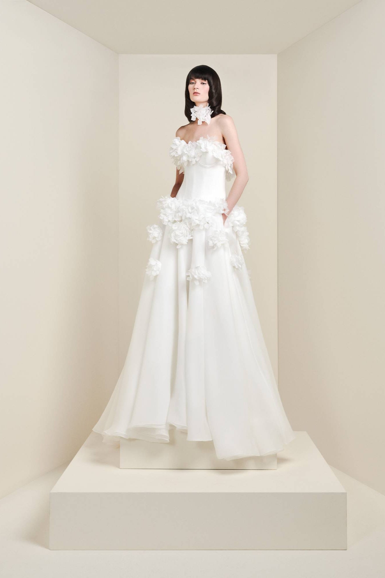 The ‘romantic hortensia garden a-line’ combines a stretch crepe bodice with an organza skirt