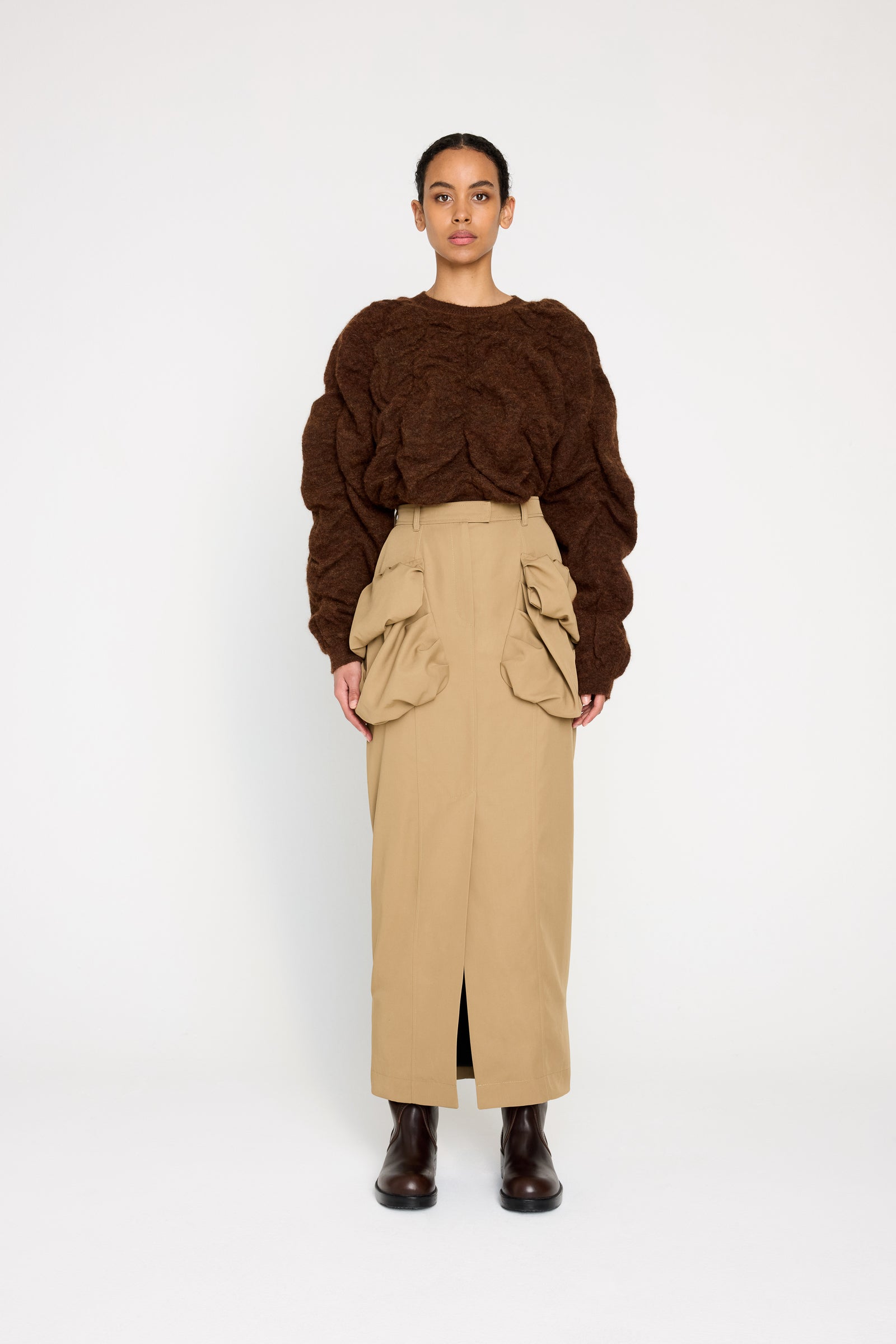 PLEATED POCKET MAXI PENCIL SKIRT