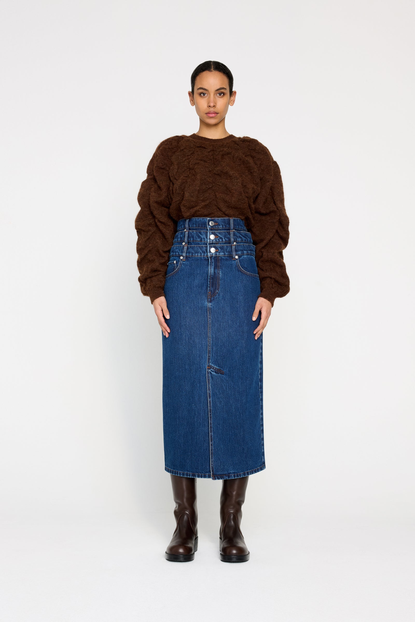 MULTI-LAYERED LONG DENIM SKIRT