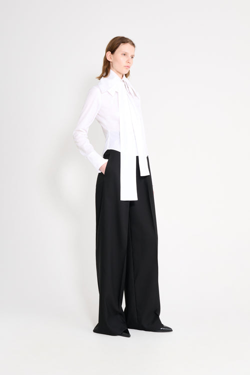 Person wearing a white shirt and black pants on a white background