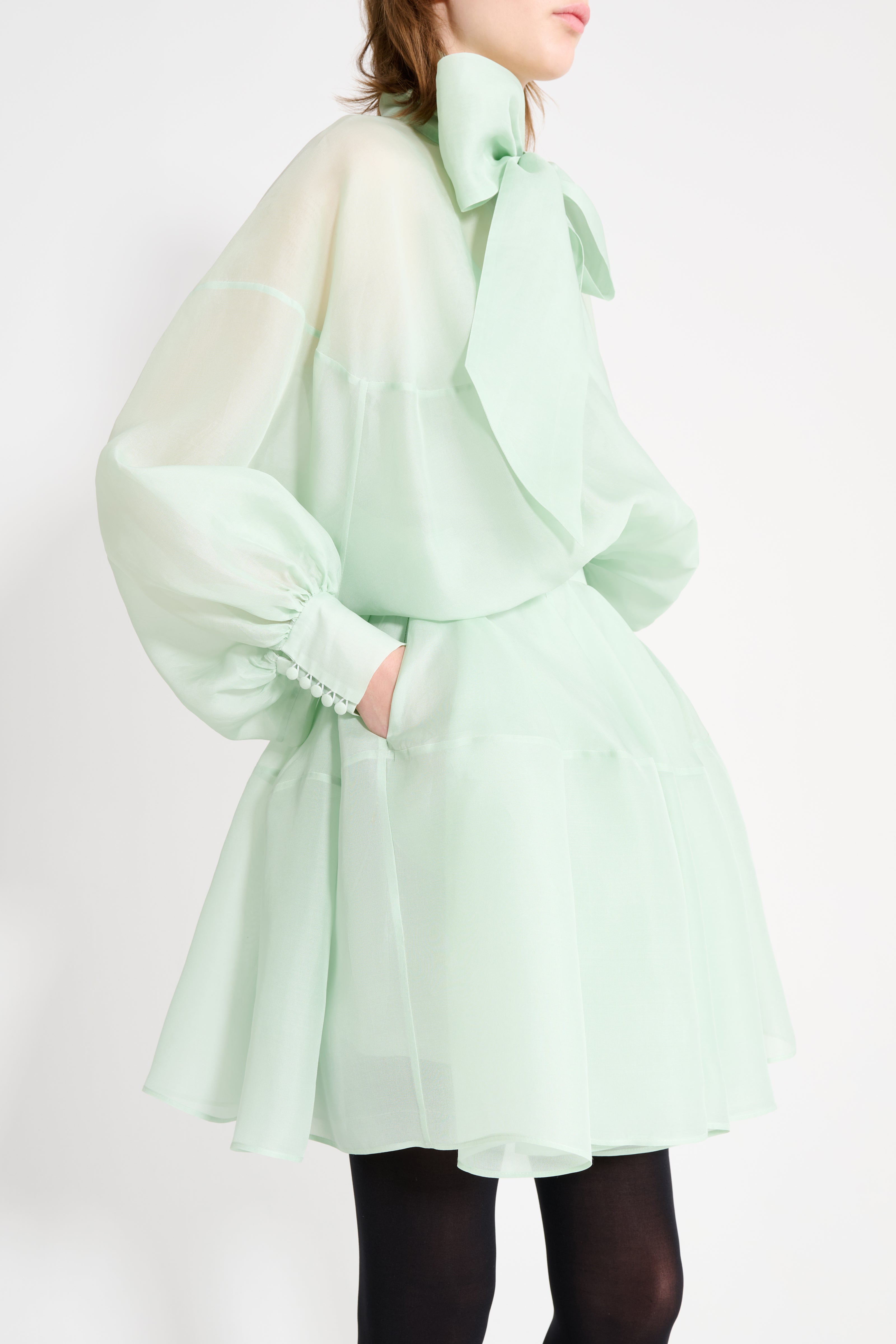 Light green dress with sheer sleeves on a white background