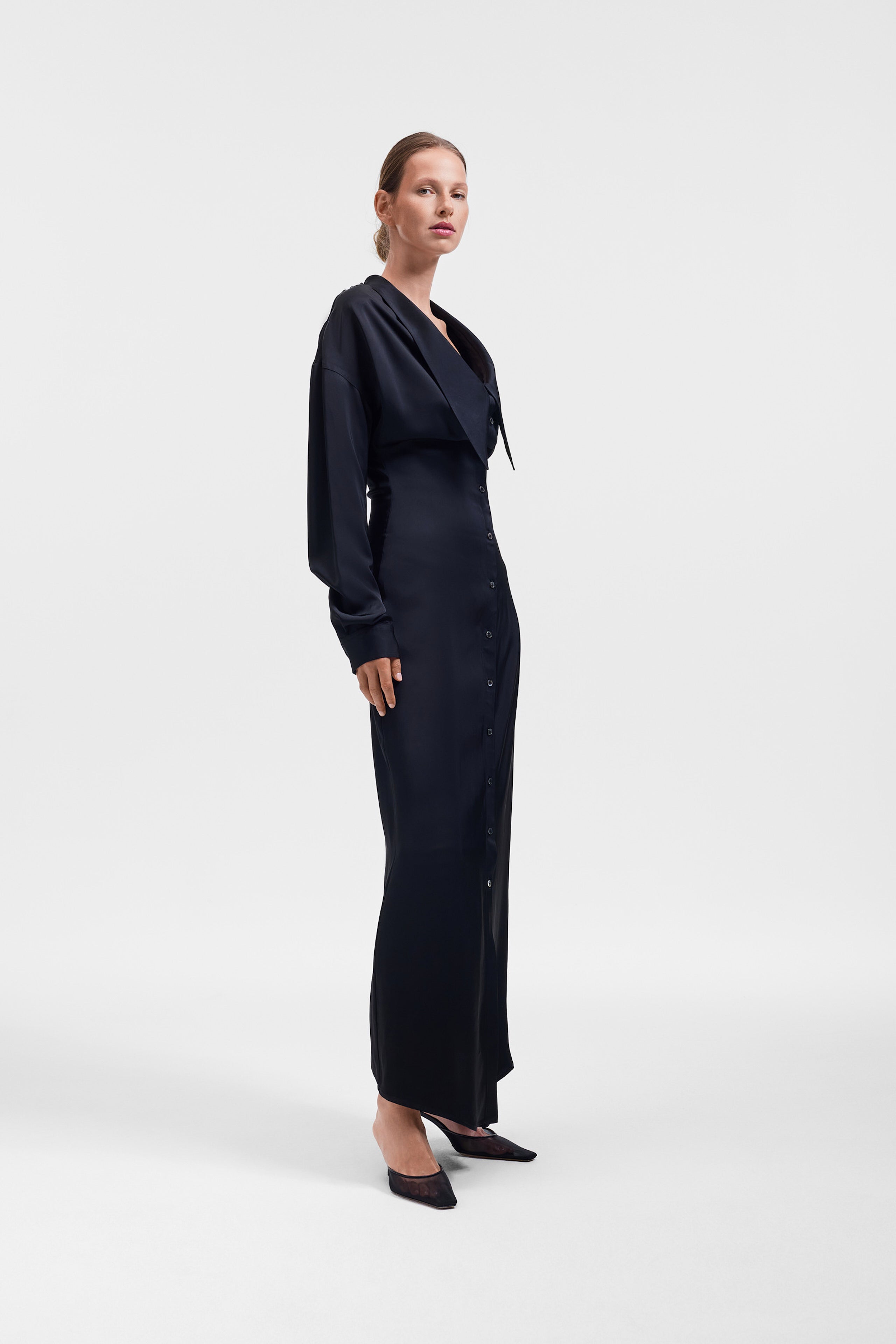 DRAGGED NECKLINE SATIN SHIRT DRESS