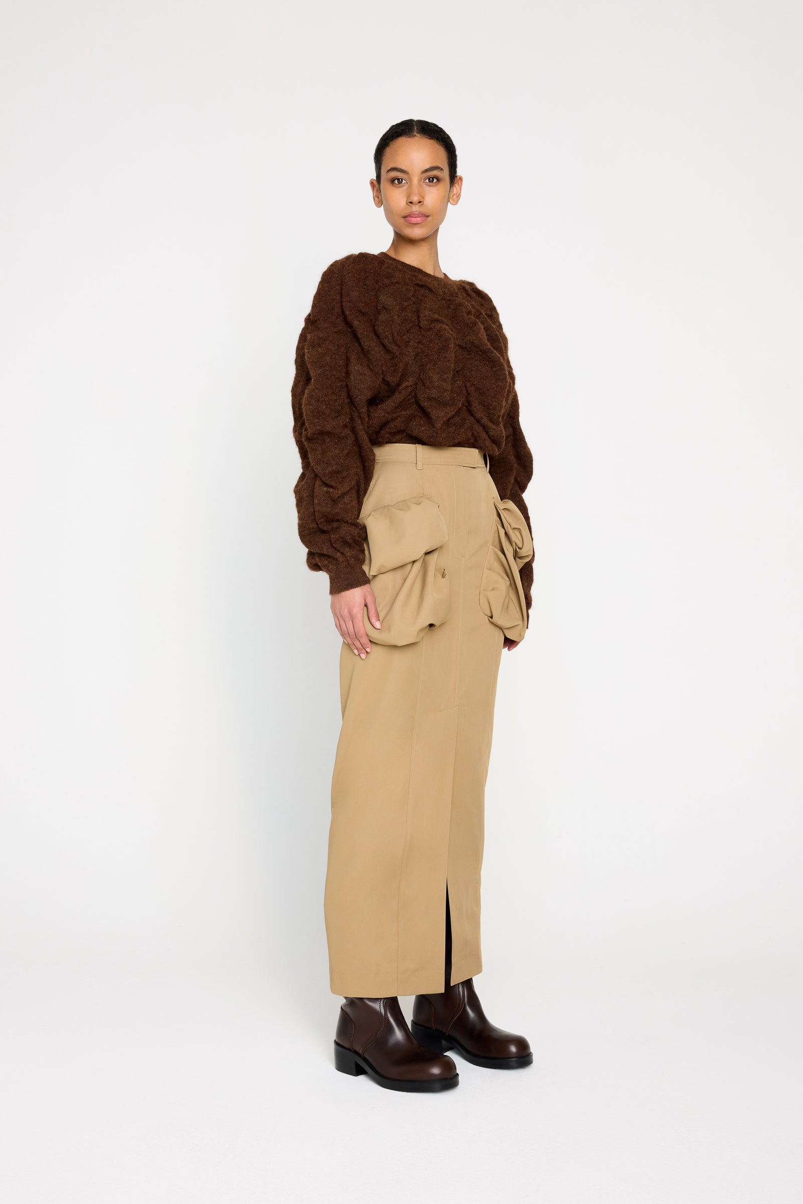 PLEATED POCKET MAXI PENCIL SKIRT