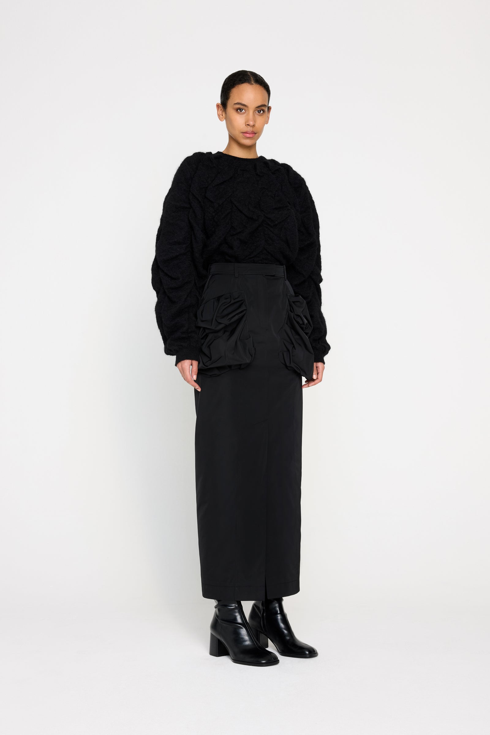PLEATED POCKET MAXI PENCIL SKIRT