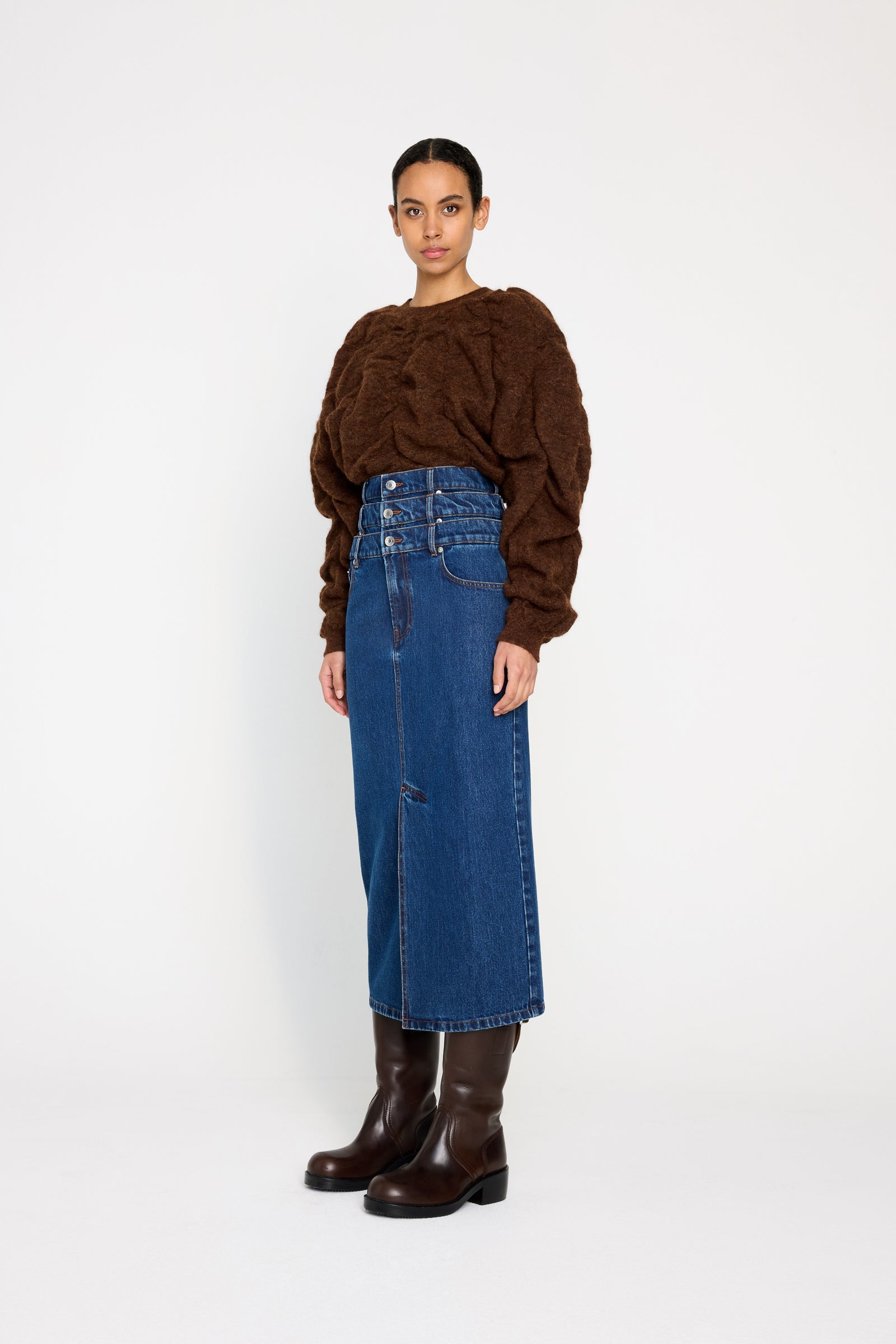 MULTI-LAYERED LONG DENIM SKIRT
