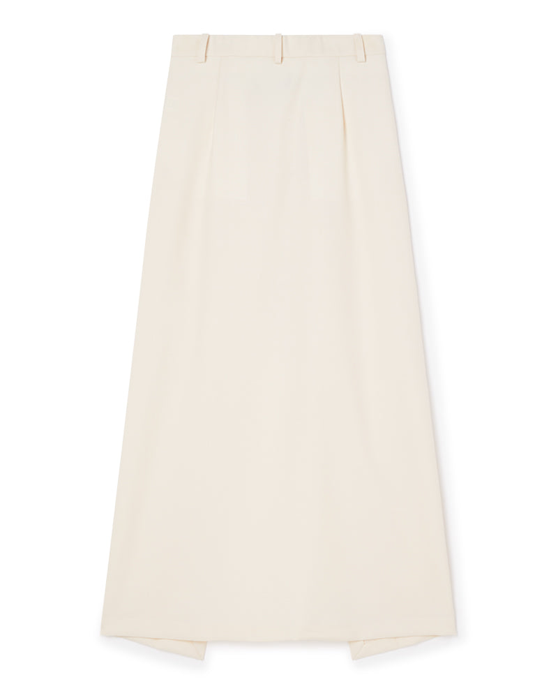 Ivory midi skirt featuring structured pleats and belt loops, crafted from a smooth, elegant wool blend fabric.