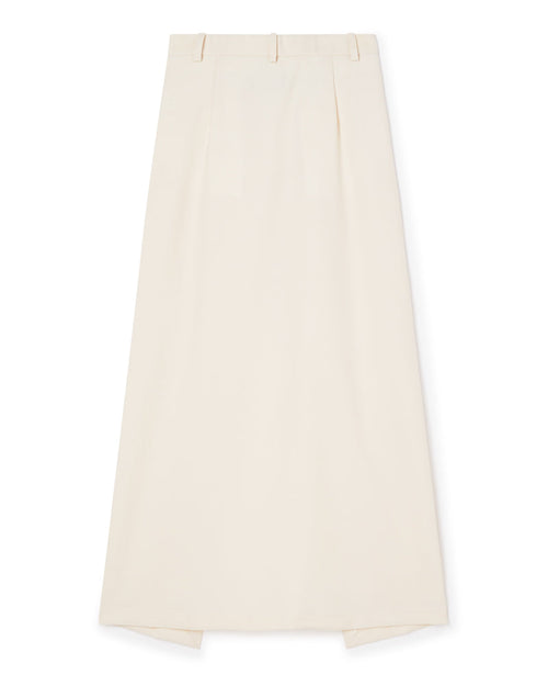 Ivory midi skirt featuring structured pleats and belt loops, crafted from a smooth, elegant wool blend fabric.