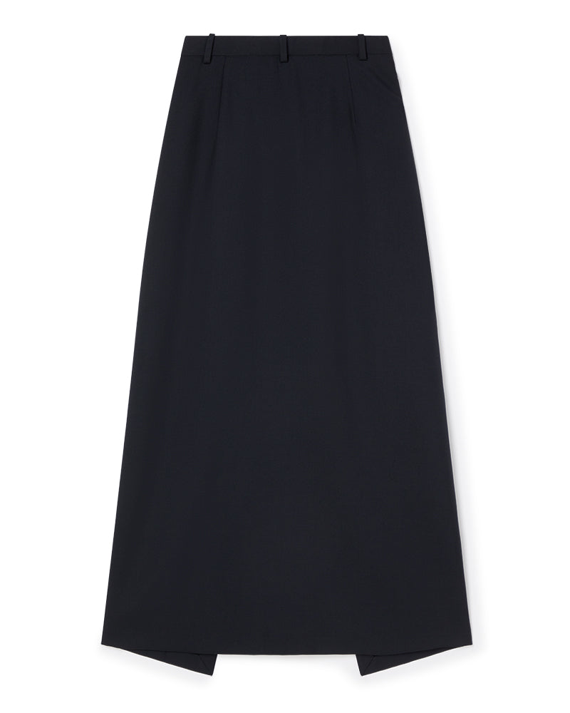 Dark wool pencil skirt, featuring a sleek design with minimal pleats and belt loops, offering elegant everyday style.