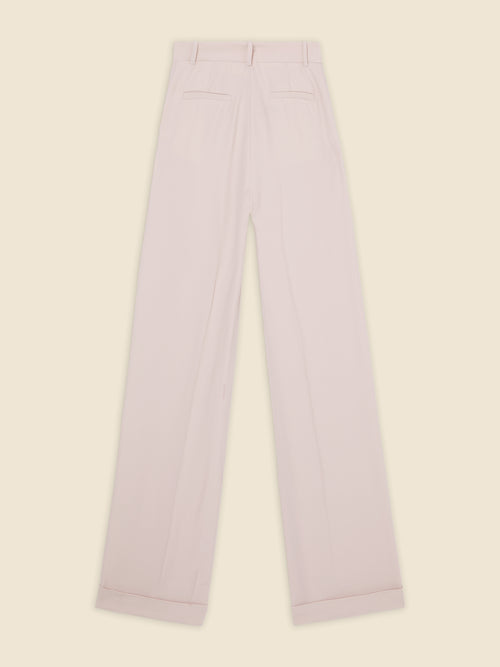 Light pink high-waisted trousers with subtle front pleats and elegant straight-leg tailoring for a classic look.