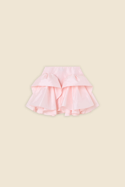 The craftmanship of the skirt reinterprets classic haute couture tuck ups into a modern silhouette from silk-blend taffeta