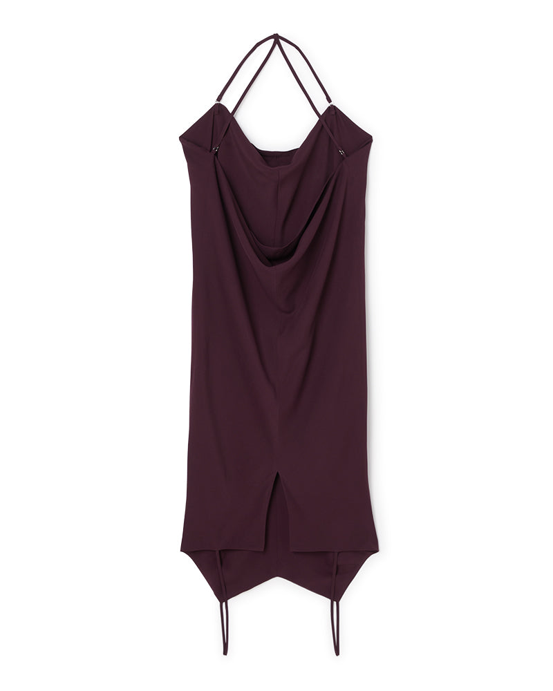 Sleeveless deep burgundy dress with a draped cowl neckline and asymmetrical hemline, featuring delicate spaghetti straps.