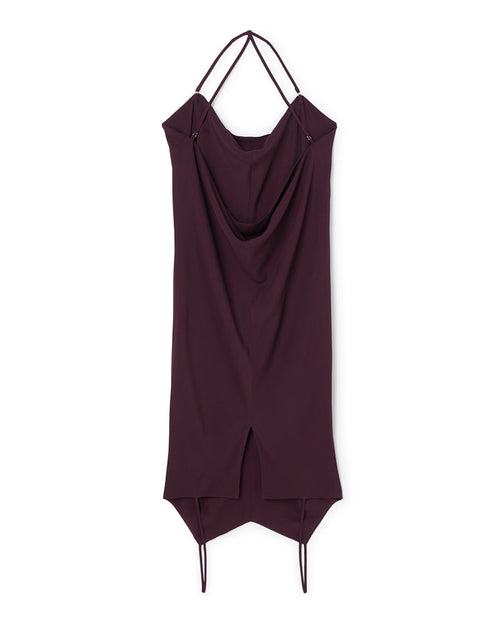 Sleeveless deep burgundy dress with a draped cowl neckline and asymmetrical hemline, featuring delicate spaghetti straps.