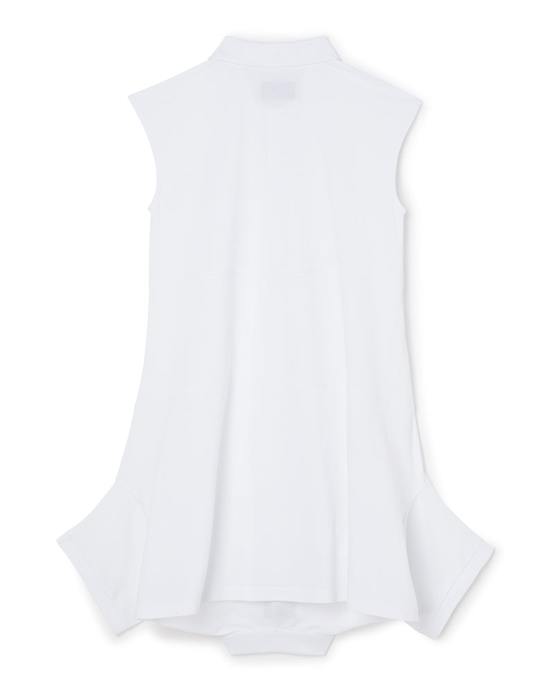 Sleeveless white top featuring a high collar and flared hem, crafted from lightweight fabric for elegant simplicity.