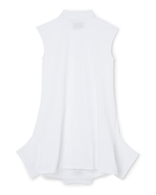 Sleeveless white top featuring a high collar and flared hem, crafted from lightweight fabric for elegant simplicity.