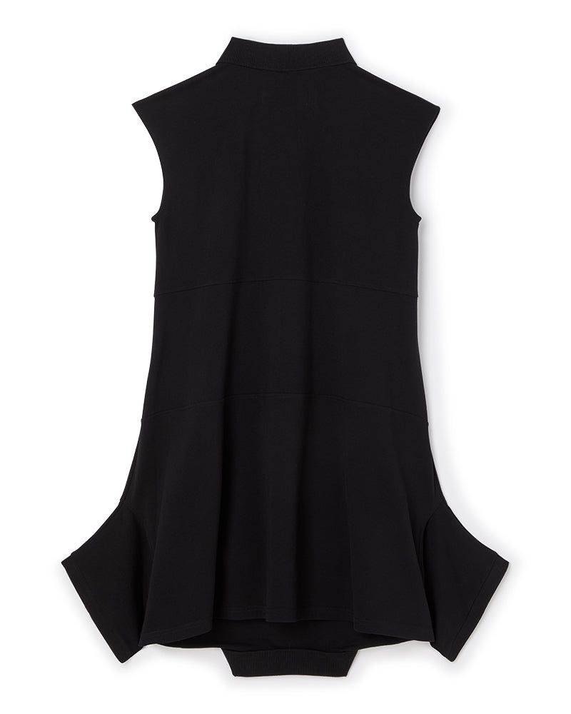 Sleeveless black tunic with subtle pleats and a mandarin collar, crafted from soft, durable fabric for a versatile look.