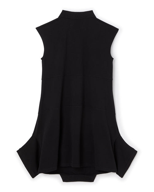 Sleeveless black tunic with subtle pleats and a mandarin collar, crafted from soft, durable fabric for a versatile look.