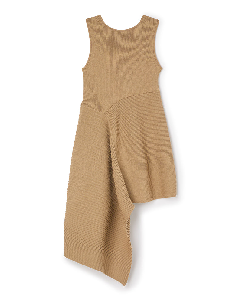 Sleeveless camel knit dress featuring asymmetrical ribbed design and flowing hemline, crafted from soft wool blend fabric.