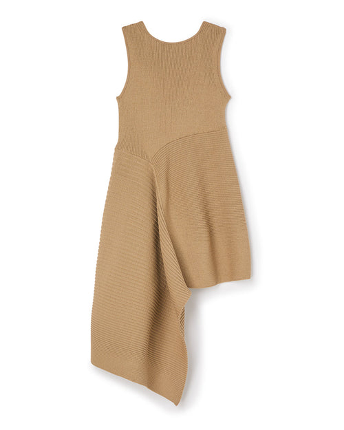 Sleeveless camel knit dress featuring asymmetrical ribbed design and flowing hemline, crafted from soft wool blend fabric.