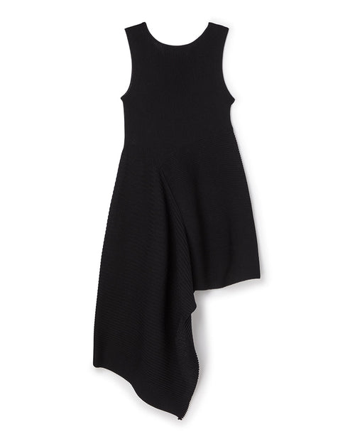 Sleeveless black knit dress featuring an asymmetric hemline and ribbed texture, offering a chic and modern silhouette.