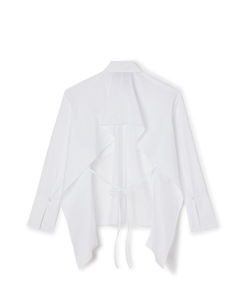 Elegant white long-sleeve blouse with asymmetric design and tie-back detail, perfect for formal or casual occasions.