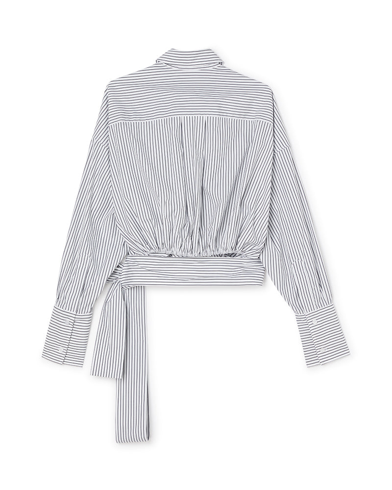 Striped long-sleeve blouse features a cinched waist and wide cuffs, elegantly tied with an extended sash for a chic look.