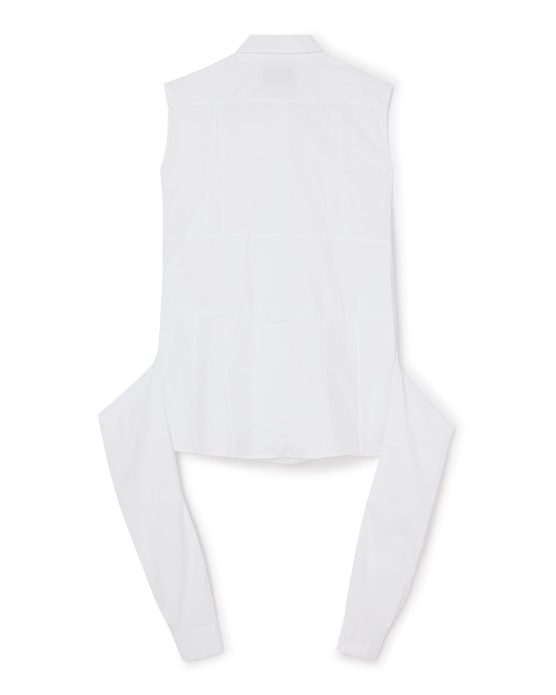 White long-sleeve cycling vest with sleek, minimalist design featuring a lightweight and breathable fabric for optimal comfort.