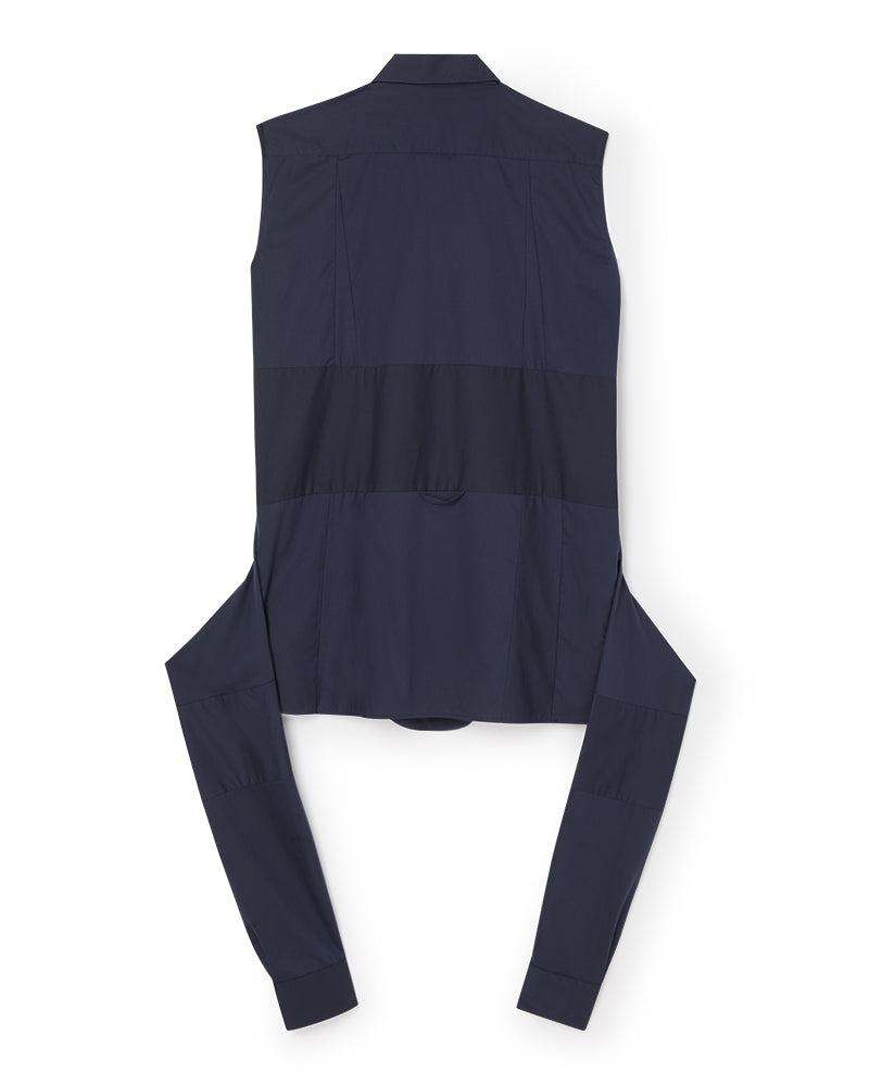 Sleeveless navy blue vest with a sleek, modern design featuring vertical stitching and adjustable waist straps.