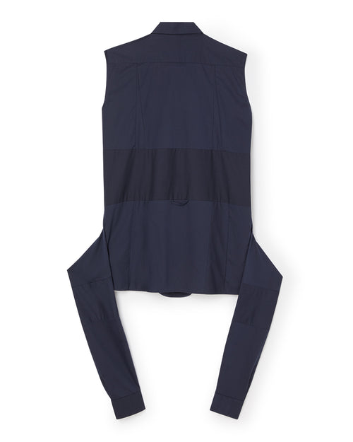 Sleeveless navy blue vest with a sleek, modern design featuring vertical stitching and adjustable waist straps.
