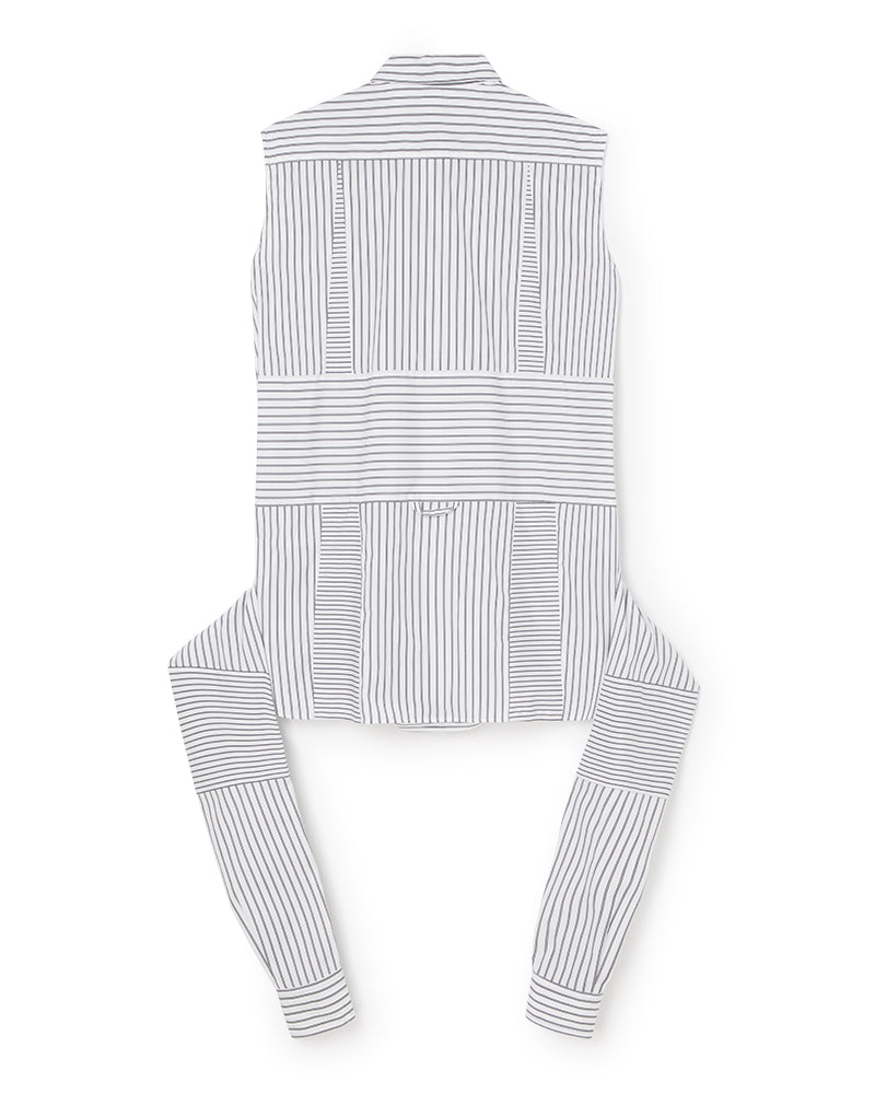 Sleeveless shirt with vertical navy and white pinstripes, featuring a structured collar and an open back design with attached sleeves.