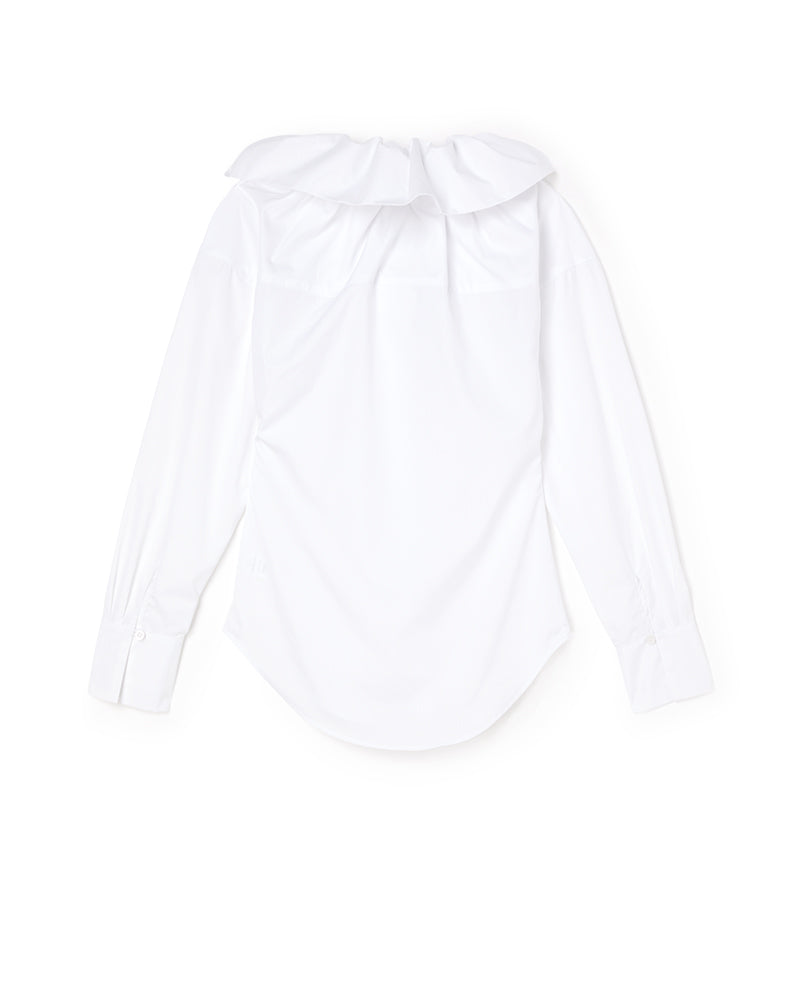 White blouse featuring an off-the-shoulder ruffled collar and long sleeves, crafted from smooth cotton fabric.