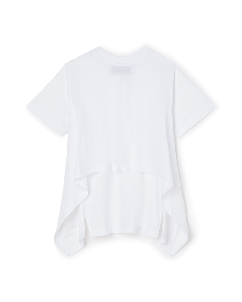 White asymmetrical short-sleeve t-shirt with a unique high-low hem design, crafted from soft, lightweight cotton fabric.